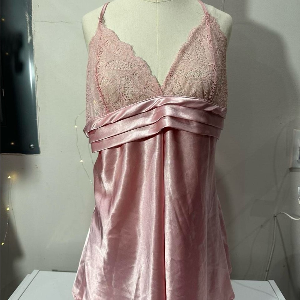 Elegant Pink Lace Satin Chemise lingerie